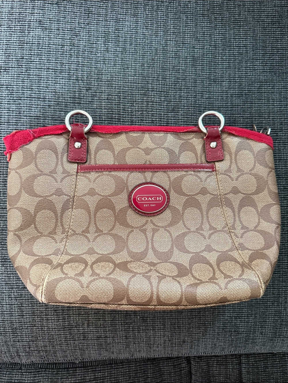 Coach Tan Signature Canvas Shoulder Bag with Red Trim